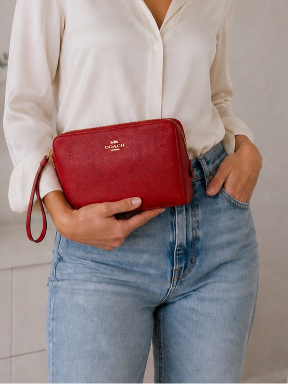 COACH Red Leather Wristlet Pouch with Gold Logo